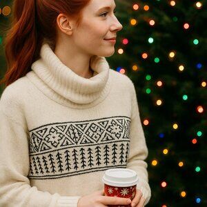 Lucky brand cowl neck sweater ivory Sz. XL  black geometric thread design NEW